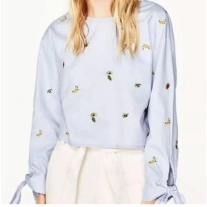 Zara Basic Collection Cotton Embroidered Banana Avocado Top Size Medium